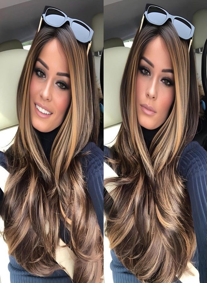 JOUKAYEA Long Wavy Ombre Honey Blonde Brown Wig for White Black Women, Synthetic Beach Loose Body Wave Brunette Hair Wig, Dark Root Natural Looking Realistic Ladies Sexy Blond Highlights Wigs - Image 1